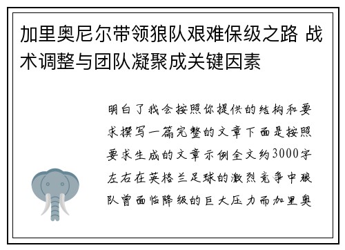 加里奥尼尔带领狼队艰难保级之路 战术调整与团队凝聚成关键因素