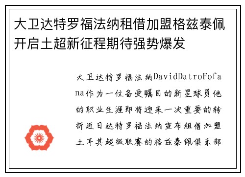 大卫达特罗福法纳租借加盟格兹泰佩开启土超新征程期待强势爆发